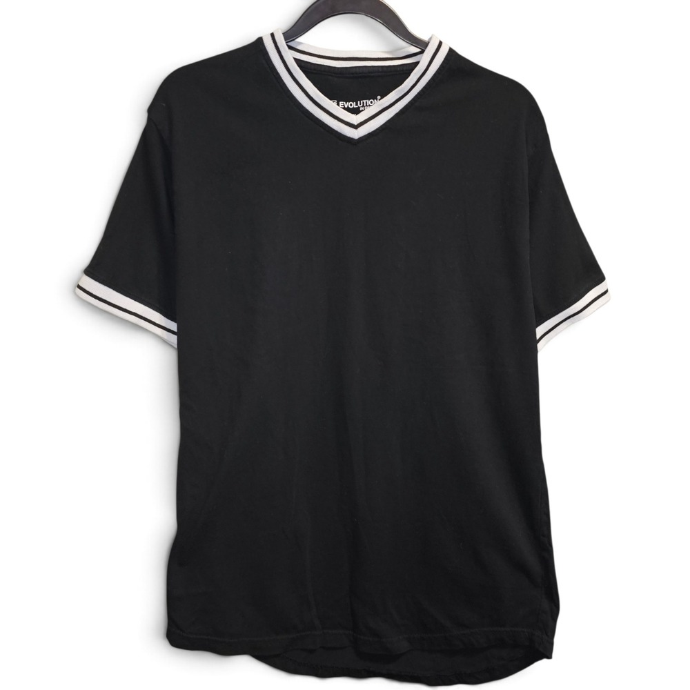 Evolution In Design T-Shirt Mens XL Black Good V-Neck Ribbed Striped Trim Cotton